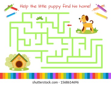 Help the little puppy find doghouse. Educational game for children. Cartoon vector illustration