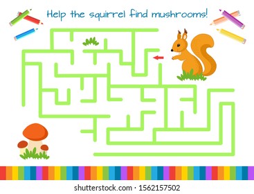 Help the little squirrel find mushrooms. Educational game for children. Cartoon vector illustration. Maze.
