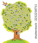 Help a little squirrel through a maze shaped like branches and a tree. Children puzzle. Kids maze. Colorful cartoon characters. Funny vector illustration. Isolated on white background