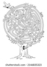 Help the little squirrel through the maze. Black and white cartoon characters. Funny vector illustration. Isolated on white background