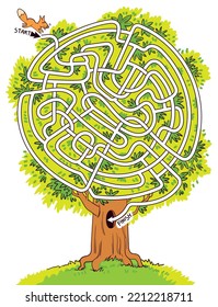 Help a little squirrel through a maze shaped like branches and a tree. Children puzzle. Kids maze. Colorful cartoon characters. Funny vector illustration. Isolated on white background