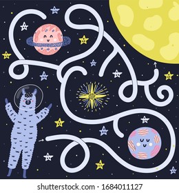 Help the llama astronaut find way to the Moon. Funny maze game for kids. Space labyrinth puzzle for children. Preschool education activity. Vector illustration