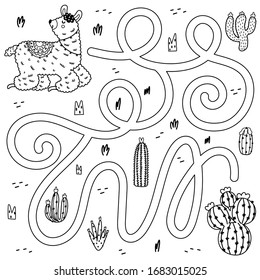 Help the llama find the way to cactus. Black and white maze game for kids. Labyrinth and funny coloring page for children. Vector illustration