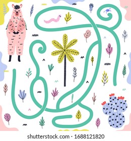 Help the llama to find way to the cactus. Maze game for kids with cute llama. Funny labyrinth puzzle page for children. Vector illustration