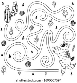 Help llama to find the way to the cactus. Black and white maze game with funny alpaca. Coloring page and puzzle activity for kids. Preschool worksheet template. Vector illustration