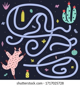 Help llama to find the way to cactus. Funny colorful maze game for kids. Preschool activity page for toddlers. Vector illustration