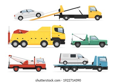 Help lorry, rescue assistance freight trailer truck set. Emergency trucking vehicle, wreck and crash aid, towing auto service, automotive transportation platform vector illustration isolated on white