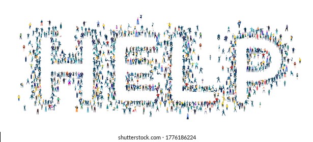 HELP made of lots little people different age and professional background. Crowd, world, citizens, population. 