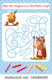 Help the magical hut find Baba Yaga. Educational game for children. Cartoon vector illustration. Maze