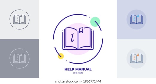 Help manual book line art vector icon. Outline symbol of online customer support. Help information made of thin stroke. Isolated on background.