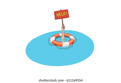 Help me in danger situation, life buoy and hand under the water vector illustration