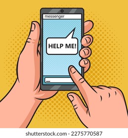 Help me message in phone messenger pinup pop art retro vector illustration. Comic book style imitation.