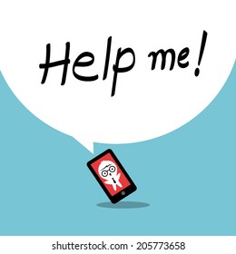 Help me Smartphone addiction concept cartoon illustration