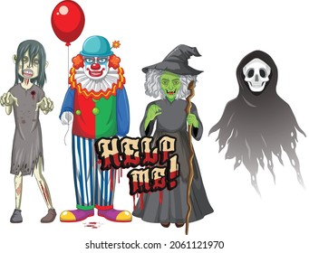 Help Me text design with Halloween ghost characters illustration