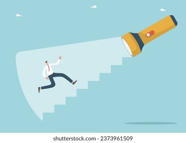 Help or mentoring in creating path to achieving goal, creative solutions to overcome difficult situations, strategic planning for great success and high results, flashlight illuminates steps for man.