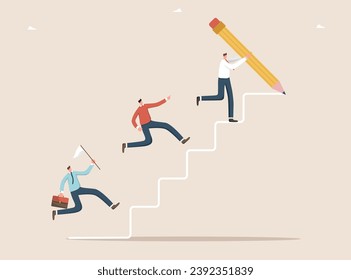 Help or mentoring in creating path to achieving goal, teamwork to overcoming obstacles and receiving rewards, strategic planning for great success or high results, leader draws stairs for coworkers. svg