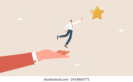 Hilfe oder Mentoring in gepflasterter Weise zu erreichen, Ziel und hohe Ergebnisse, Begehren und Motivation, Hindernisse zu überwinden und Belohnungen zu erhalten, Führung für neue Chancen, Mann mit großen Hand Sprünge für Star.