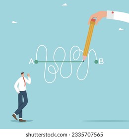 Ayuda y tutoría durante el proceso de trabajo o proyecto, estrategia para el logro exitoso de los objetivos, planificación empresarial para superar las dificultades, gran mano se abre camino desde el punto A al punto B con un lápiz.