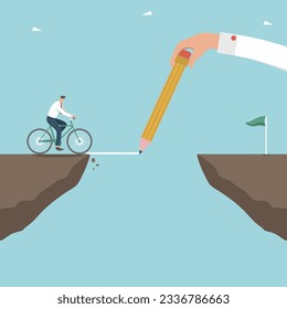 Help or mentorship in paving way to achieve goal, creative solutions to get out of difficult situations, strategic planning for great success, hand with pencil draws path over cliff for man on bicycle