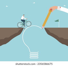 Help or mentorship in paving way to achieve goal, brilliant ideas to get out of difficult situations, strategic planning for great success, hand draws light bulb path through cliff for man on bicycle.