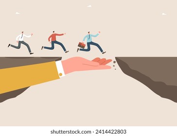 Help or mentorship in paving way to achieve goal, overcoming obstacle and receive reward, strategic planning for great success, leadership qualities for high result, huge hand helps men overcome cliff