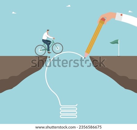 Help or mentorship in paving way to achieve goal, brilliant ideas to get out of difficult situations, strategic planning for great success, hand draws light bulb path through cliff for man on bicycle.