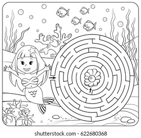 Help mermaid find path to pearl. Labyrinth. Maze game for kids. Coloring page