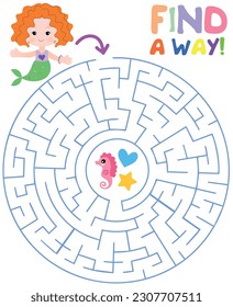 Help the mermaid princess to get to the jewelry. Vector illustration of a puzzle for children. Labyrinth for children.