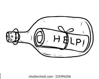 help message on paper, in glass bottle / cartoon vector and illustration, black and white, hand drawn, sketch style, isolated on white background.