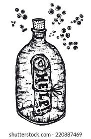 Help message on paper in a glass bottle/ Illustration of hand drawn help message on paper in a glass bottle