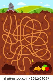 Help the mole get to the hole. Labyrinth. Maze game for children. Vector illustration.