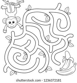 Help monkey find path to banana. Labyrinth. Maze game for kids. Black and white vector illustration for coloring book