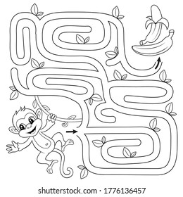 Help monkey find path to banana. Labyrinth. Maze game for kids. Black and white vector illustration for coloring book