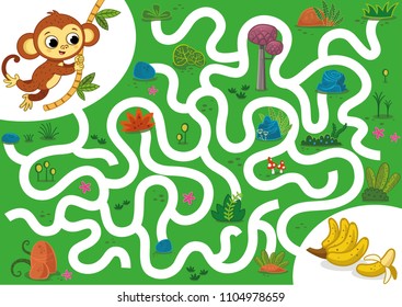 Help the monkey to reach the bananas. Vector illustration puzzle game for kids.