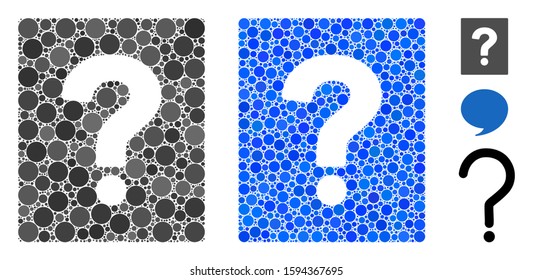 Help mosaic of small circles in different sizes and color tints, based on help icon. Vector filled circles are composed into blue collage. Dotted help icon in usual and blue versions.
