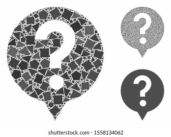 Help mosaic of trembly pieces in variable sizes and color tones, based on help icon. Vector abrupt pieces are grouped into mosaic. Help icons collage with dotted pattern.
