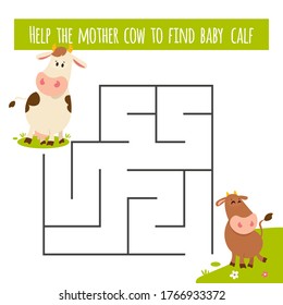 Help mother cow to find his baby calf. Farm animal educational maze game. Labyrinth page for children's magazine, leisure activity task. Activity for preschool years kids and toddlers.