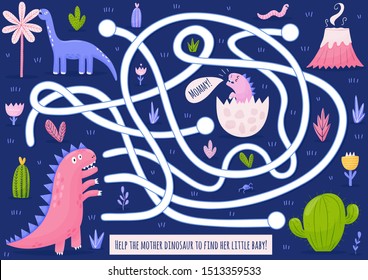 Help mother dinosaur to find her baby. Funny maze game for children. Labyrinth activity for kids. Logic quest template. Vector illustration