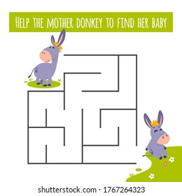 Help mother donkey to find her baby colt. Farm animal educational maze game. Labyrinth page for children's magazine, leisure activity task. Activity for preschool years kids and toddlers.