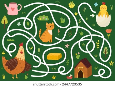 Help mother hen to find a way to her baby chick. Farm maze activity for kids. Mini game for school and preschool. Vector illustration