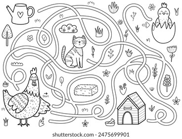 Help the mother hen to find a way to her baby chick. Farm maze black and white activity page for kids. Mini game for school and preschool. Vector illustration