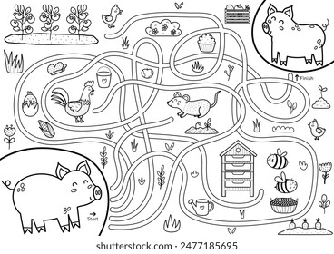 Help mother pig to find a way to her baby piglet. Farm maze black and white activity page for kids. Mini game for school and preschool in outline. Vector illustration