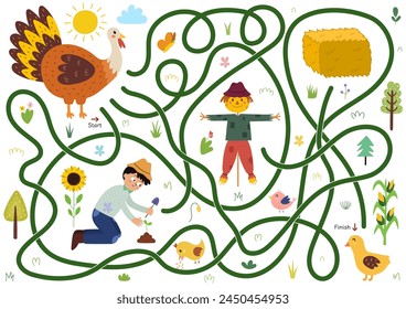 Help mother turkey to find a way to her baby poult. Farm maze activity for kids. Mini game for school and preschool. Vector illustration