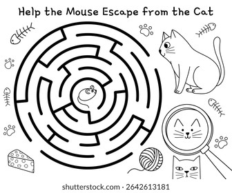 Help the mouse escape from the cat maze game for kids. Activity page with a cute feline character. Vector illustration