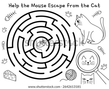 Help the mouse escape from the cat maze game for kids. Activity page with a cute feline character. Vector illustration
