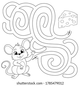 Help mouse find path to chees. Labyrinth. Maze game for kids. Vector black and white illustration for coloring book