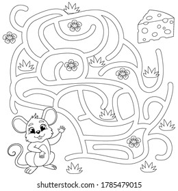 Help mouse find path to chees. Labyrinth. Maze game for kids. Vector black and white illustration for coloring book