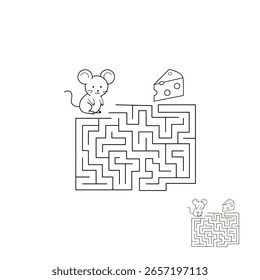 Help the mouse find the right way to the cheese. Labyrinth game for developing attention of preschoolers. Simple and useful coloring. Vector illustration.