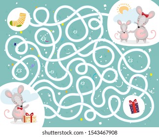 Help the mouse find the way home. Children s educational game labyrinth with cute animals. Puzzle maze. Flat vector design.