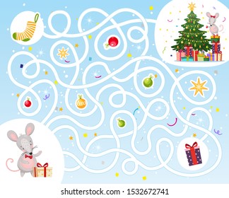 Ayuda al ratón a encontrar una manera de visitar con un regalo para el nuevo año.Juego de Maze para niños. Juego de Navidad con ratas lindas. Laberinto en diseño plano de caricatura, vector de existencias.